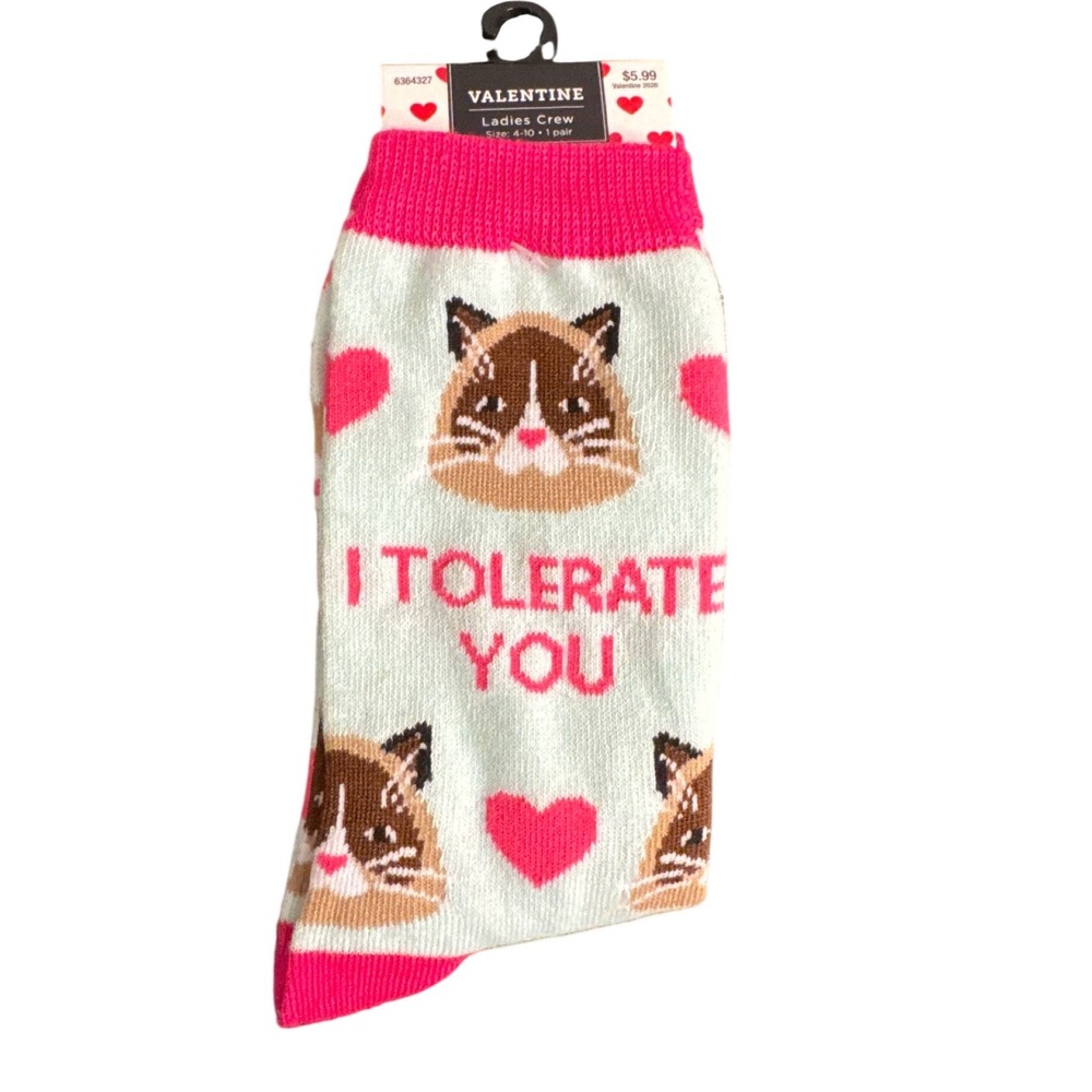 Valentine Ladies Crew Socks I Tolerate You Grumpy Cat Pink Hearts Blue HL9207120